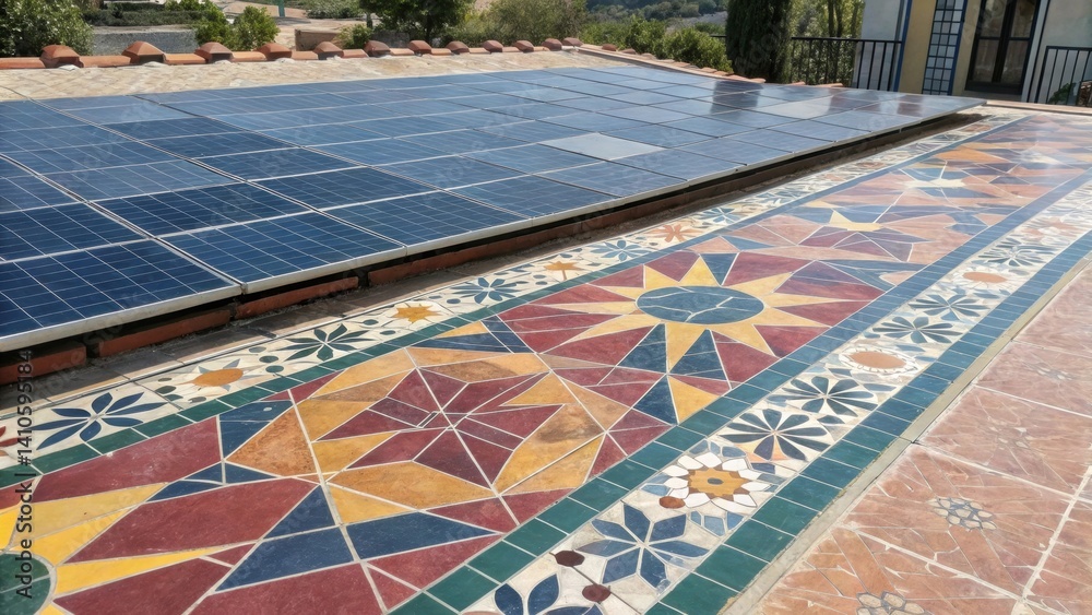 Poster Vibrant tiled surface with a geometric pattern designed to channel sunlight while reducing the thermal load showcasing a striking blend of art and functionality.