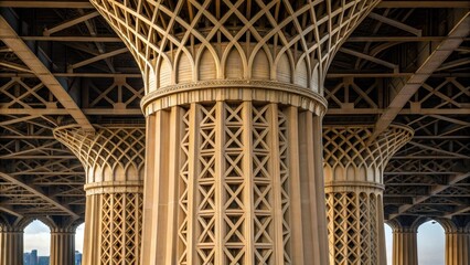 The bridges support columns captured in a medium closeup emphasizing the elaborate lattice structures that provide stability while reducing material use reflecting an ecoconscious