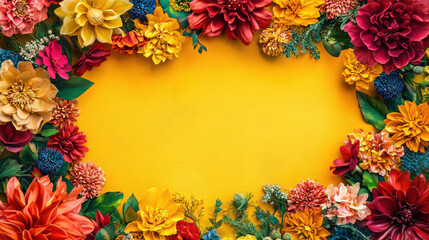 A vibrant border of colorful artificial flowers creates a stunning frame against a bright yellow background perfect for celebratory designs and invitations.
