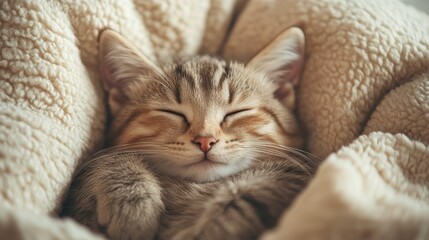 Cozy sleepy kitten nestled in soft blanket for peaceful rest