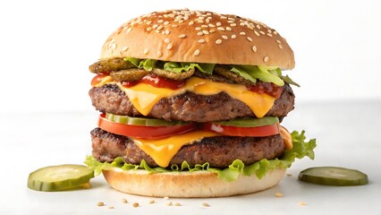 Double Patty Cheeseburger With Fresh Ingredients On A White Background