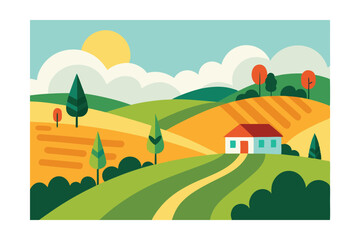 Obraz premium vector illustration of a rural landscape with fields