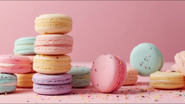 A stack of colorful macarons on a pink background 