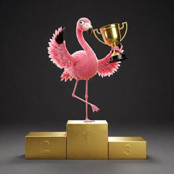 o animal flamingo feliz no alto de um podio, primeiro lugar com trofeu, renderiza&ccedil;&atilde;o octanagem, hiper realista
