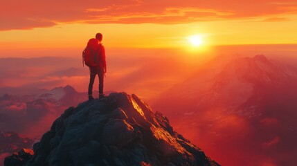 Fototapeta premium Male hiker watching sunrise on mountain peak