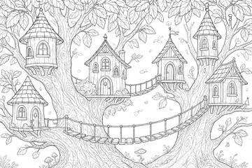 Obraz premium Whimsical Treehouse Village Coloring Page - Fantasy Architecture in Giant Tree