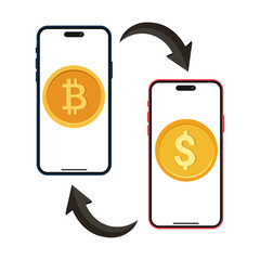 Crypto to fiat transfer illustration showing two smartphones exchanging Bitcoin and dollar coins with arrows, perfect for representing mobile currency exchange, P2P crypto payments.