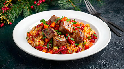 Fototapeta premium Tuna Rice Dish With Festive Christmas Decor