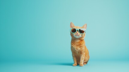 Cool ginger cat in stylish sunglasses poses against a bright cyan background. Ideal for pet ads, humorous content, summer campaigns, and trendy animal-themed designs