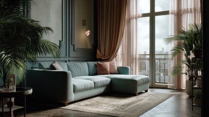 Fototapeta premium Sectional sofa in a luxurious living room with large windows, offering a stunning city view. Soft, muted tones and lush plants create a serene atmosphere.