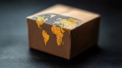 Obraz premium Cardboard box with world map showing international shipping