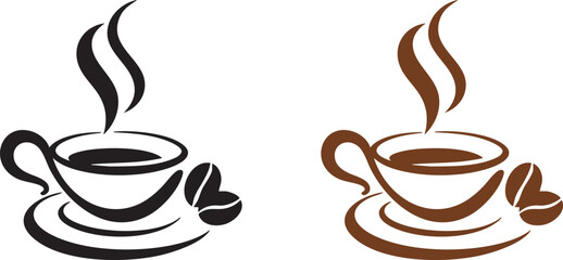 Two stylized coffee cup illustrations, one in black and one in brown.