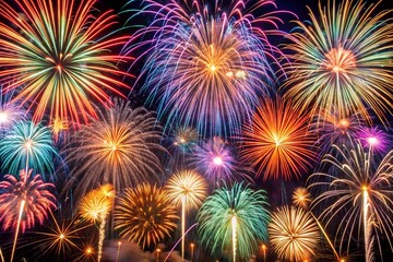 Vibrant fireworks explode in a colorful night sky celebration