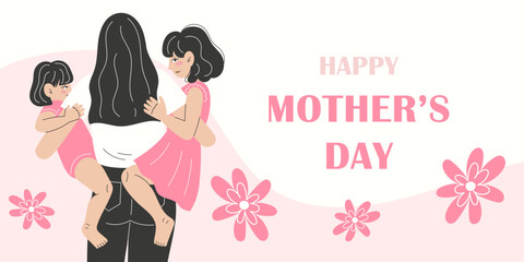 Mother's Day Card Design with Young Mother Holding Her Two Little Daughters. Cute Poster and Banner for Mother's Day Celebration.