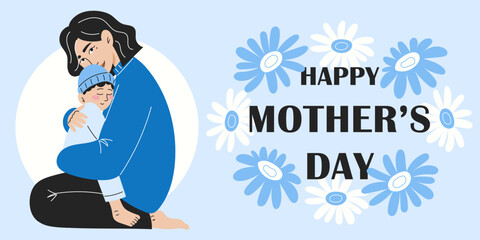 Mother's Day Card Design with Young Mother Holding Her Little Son. Cute Poster and Banner for Mother's Day Celebration. Flat Vector Illustration on Blue Background with Blue Gerbera and White Daisies.