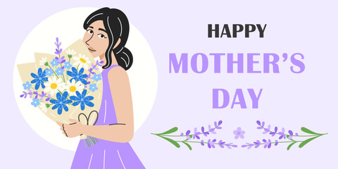 Mother's Day Card Design with Young Mother Holding a Flower Bouquet. Cute Poster and Banner for Mother's Day Celebration. Flat Vector Illustration on Lavender Background.
