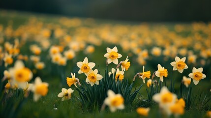 Fototapeta premium A field of vibrant yellow and white daffodils in springtime.