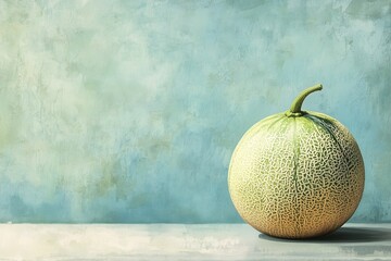 Cantaloupe melon on a pastel blue background, copyspace on the left