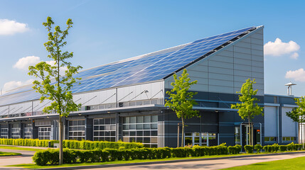 Obraz premium Modern commercial or industrial building exterior featuring a large array of solar panels on the roof. Sustainable energy concept with green landscaping. 