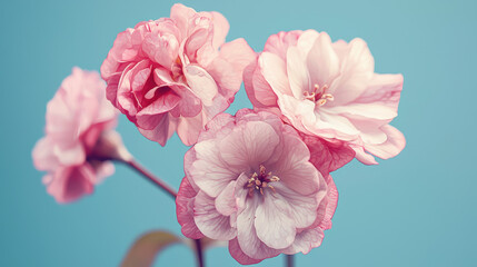 A cluster of delicate light pink flowers blossoms against a soft blue background showcasing their intricate petals and gentle beauty in a close-up studio shot.