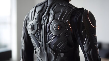 Cyberpunk-Style Exoskeleton: Close-up view of a futuristic, black exoskeleton's back, showcasing intricate details, technological elements, and a hint of rose gold accents.