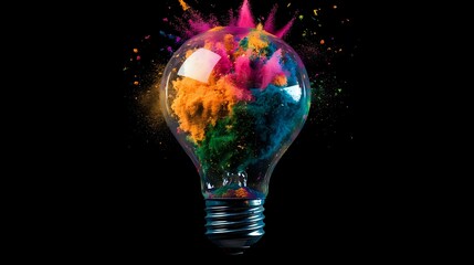 A transparent lightbulb filled with Holi powder exploding in colorful bursts on a sharp black backdrop with clean lighting and clarity