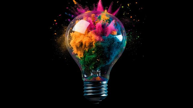 A transparent lightbulb filled with Holi powder exploding in colorful bursts on a sharp black backdrop with clean lighting and clarity