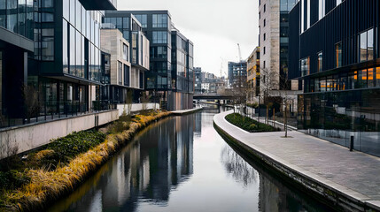 Modern City Canal Scene With Calm Water and Buildings