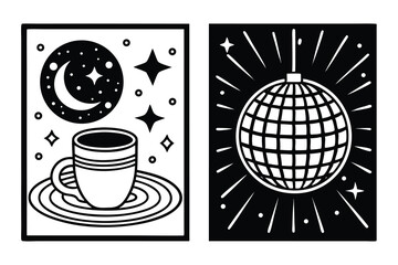Whimsical Vintage Kitchen Wall Art – Hand Drawn Disco Ball & Coffee Cup Posters in Trendy Contemporary Style

