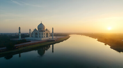 Obraz premium Taj Mahal Sunrise Over River Panoramic View