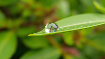 Close-up of a water droplet on a green leaf surrounded by lush foliage for nature photography.The background consists of blurred green leaves, creating a vibrant and fresh botanical atmosphere.