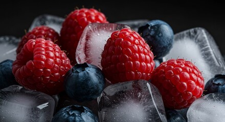 瑞々しいラズベリーとブルーベリー 氷の上で輝く鮮やかさ