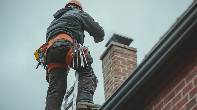 Chimney technician in safety gear on ladder inspecting residential brick chimney under cloudy sky