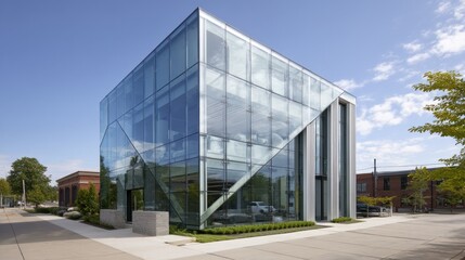 Modern glass cube office with sun shading fins 