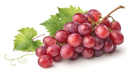 Fototapeta premium Fresh Red Grapes Bunch With Green Leaves Isolated On White Background