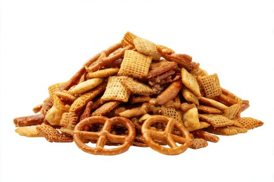 Pile of chex mix snack isolated on white background
