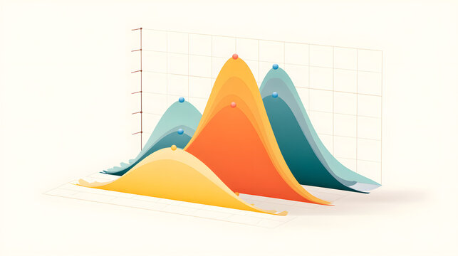 Colorful bell curves against a grid, showing data distribution and trends. Ideal for presentations and reports with statistical analysis.