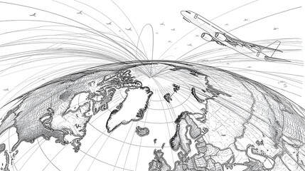 Obraz premium Global connectivity is depicted with an airplane flying near the North Pole, symbolizing worldwide travel and international networks.