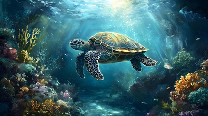 Obraz premium Ocean Turtle in Coral Reef