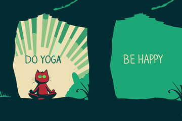 Funny illustration with cartoon red cat sitting on lotus position of yoga. With golden flushing light behind the cat And text “Do Yoga, be happy”