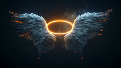 A glowing pair of angelic wings with a halo floating in the air against a black background, emitting a shining light from behind.