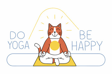 Funny illustration with cartoon red cat sitting on lotus position of yoga. With golden flushing light behind the cat And text “Do Yoga, be happy”
