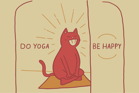 Funny illustration with cartoon red cat sitting on lotus position of yoga. With golden flushing light behind the cat And text “Do Yoga, be happy”