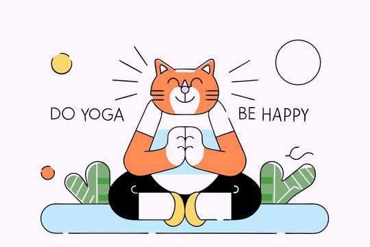 Funny illustration with cartoon red cat sitting on lotus position of yoga. With golden flushing light behind the cat And text “Do Yoga, be happy”