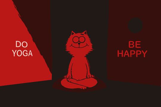 Funny illustration with cartoon red cat sitting on lotus position of yoga. With golden flushing light behind the cat And text “Do Yoga, be happy”