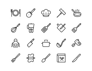 Kitchen Vector Icon Set | Adjustable Line Weight | Cookware, whisk, spatula, pot, ladle, pan, grater, blender, cleaver, corkscrew, rolling pin, recipe, utensil icons