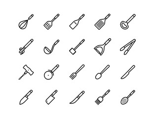 Kitchen Tools Vector Icon Set | Adjustable Line Weight | Knife, whisk, spatula, spoon, grater, ladle, tongs, peeler, corkscrew, cleaver, slicer, fork, utensil icons