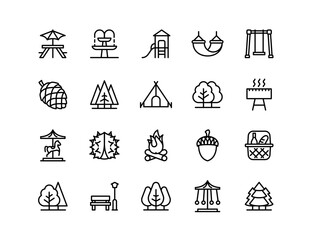 Park Vector Icon Set   Adjustable Line Weight   Picnic, bench, swing, carousel, tree, barbecue, acorn, tent, pinecone, fire, slide, nature, outdoor, play icons © digistock
