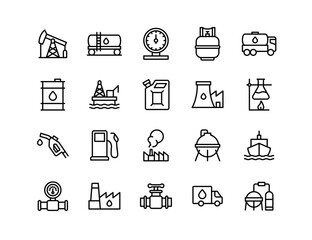 Oil Industry Vector Icon Set | Adjustable Line Weight | Fuel, refinery, barrel, pipeline, tanker, rig, gas, factory, gauge, nozzle, station, transport, production icons