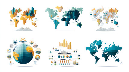 Naklejka premium Data visualization of the world, presented as infographic depictions and abstract representations of a globe and map variations.